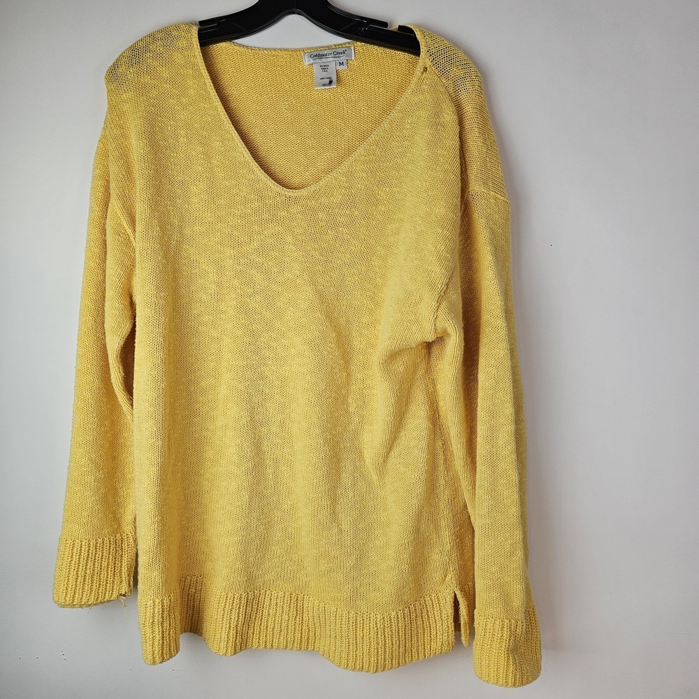 COLDWATER CREEK V-Neck Tunic Sweater Womens‎ M Yellow Knit Cotton Pullover LS
